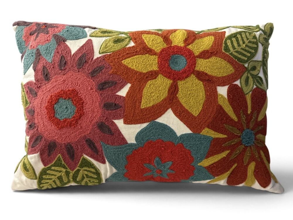 Pier 1 Imports Pillow Floral Embroidered Lumbar 19X13 Boho 3D Flower Applique